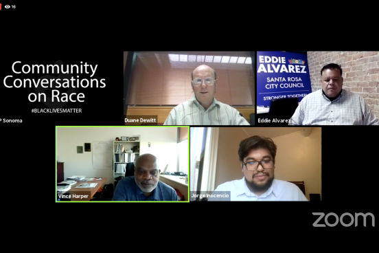 Night one panel: Santa Rosa City Council candidates from District 1 Community Conversations on Race and a picture of 4 people