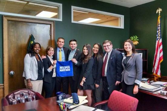 SSU Lobby Corps with Senator Mike McGuire from left to right: Asha Nettles, Mercedes Mack, Taylor Jarrett Bonilla, Kate Chavez, Andrea Aviles Cigarrostegui, Anthony Gallino and Claudia Sisomphou