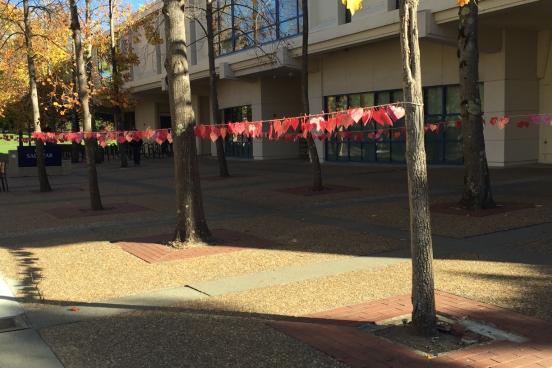 The display of 1,100 red hearts in Salazar Quad, representing how many college student's lives are lost each year.