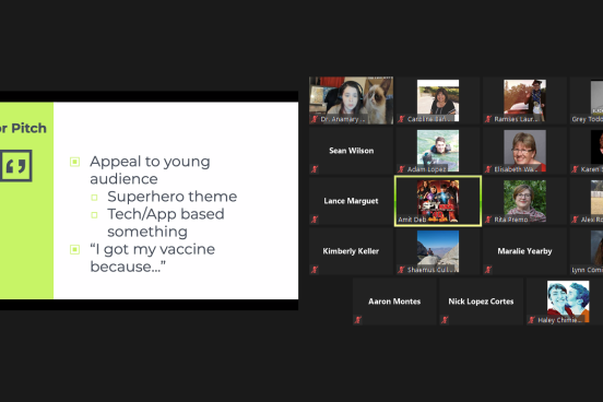 Zoom meeting screenshot: vaccine "elevator pitch"