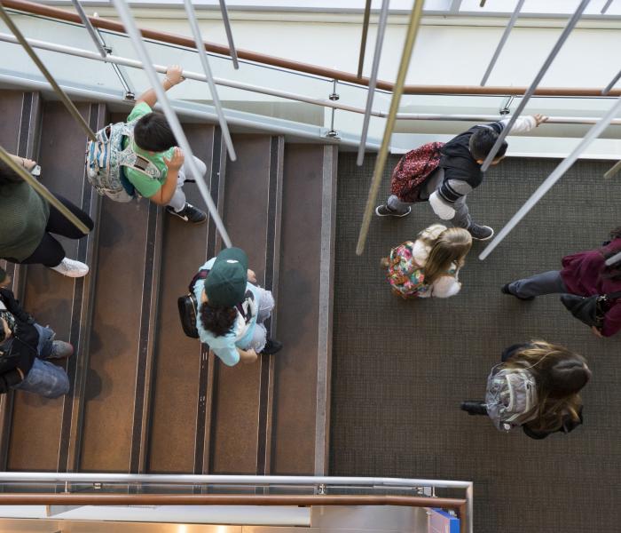 Children walking through the student center