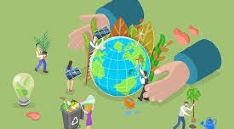 a graphic earth with large hands cupping it; people doing recycling and planting tasks to help