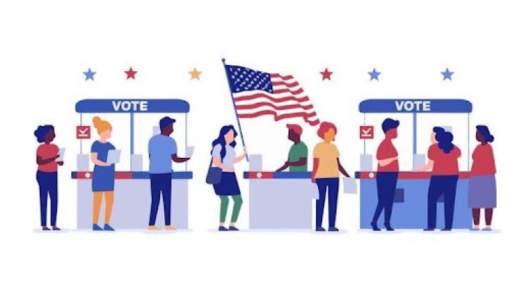 clip art graphic showing several people in line to vote at the polls