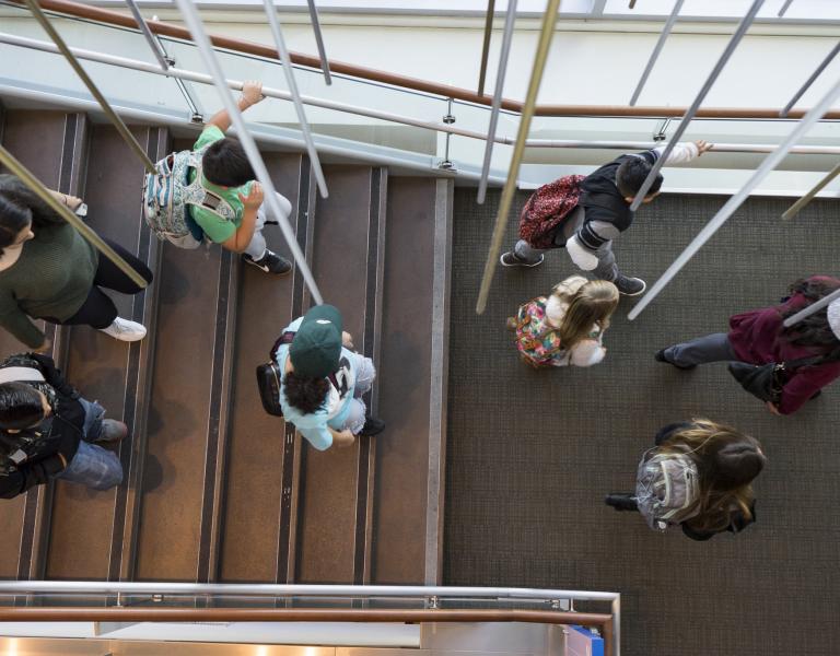 Children walking through the student center