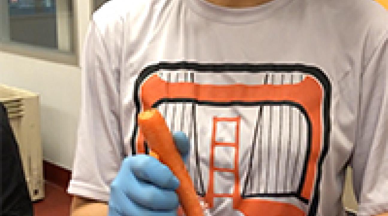 Jasmin holding a carrot while working for the food bank