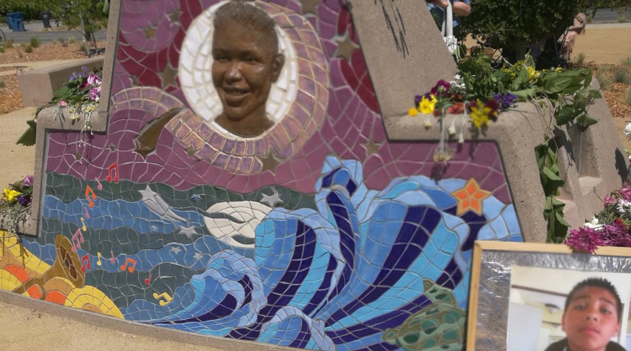 Stone and mosaic memorial depicting Andy Lopez