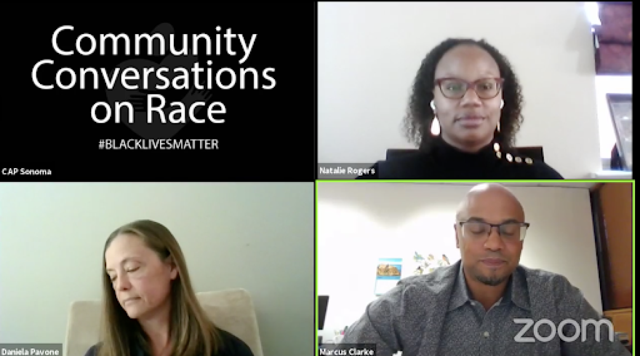 Community Conversations on Race and a picture of 3 people