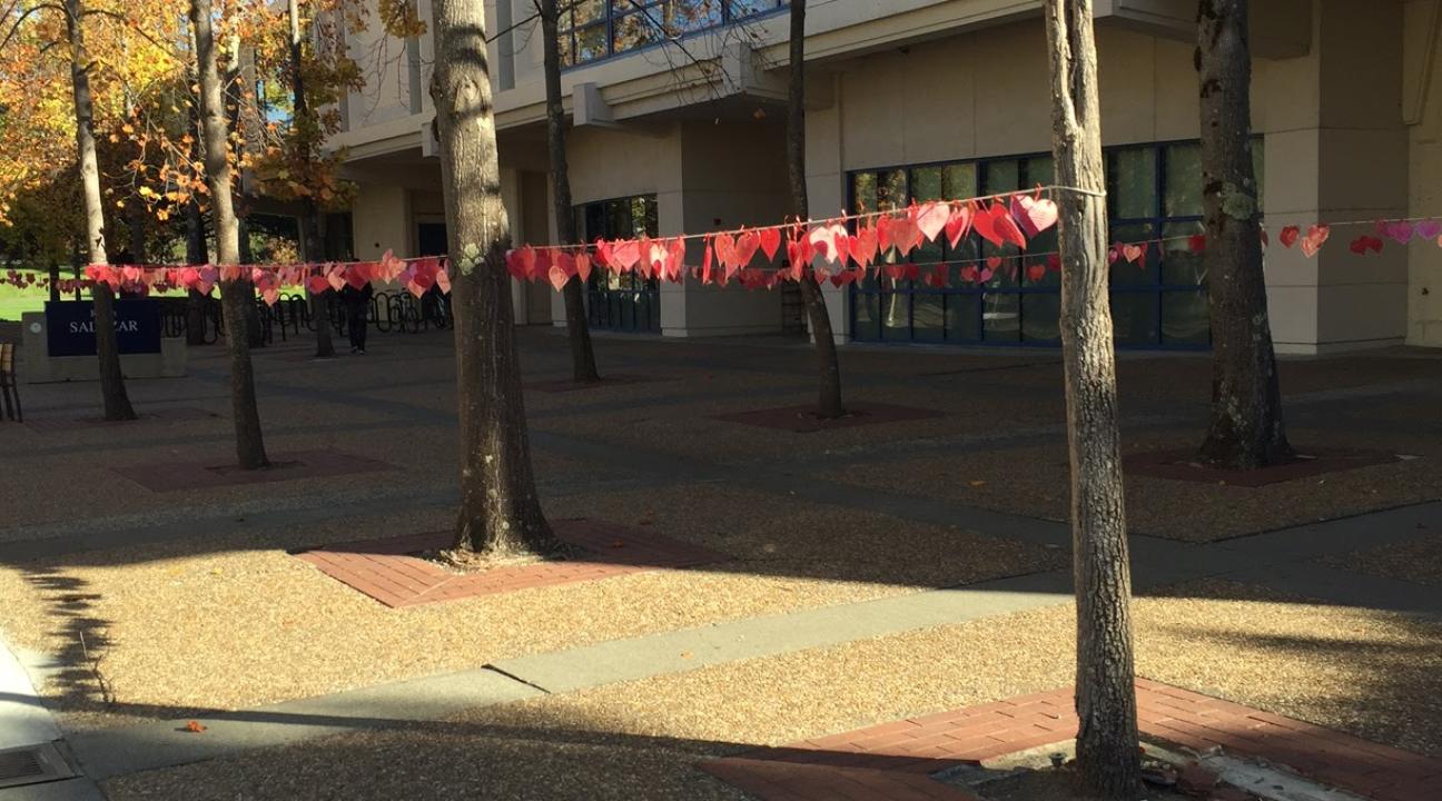The display of 1,100 red hearts in Salazar Quad, representing how many college student's lives are lost each year.