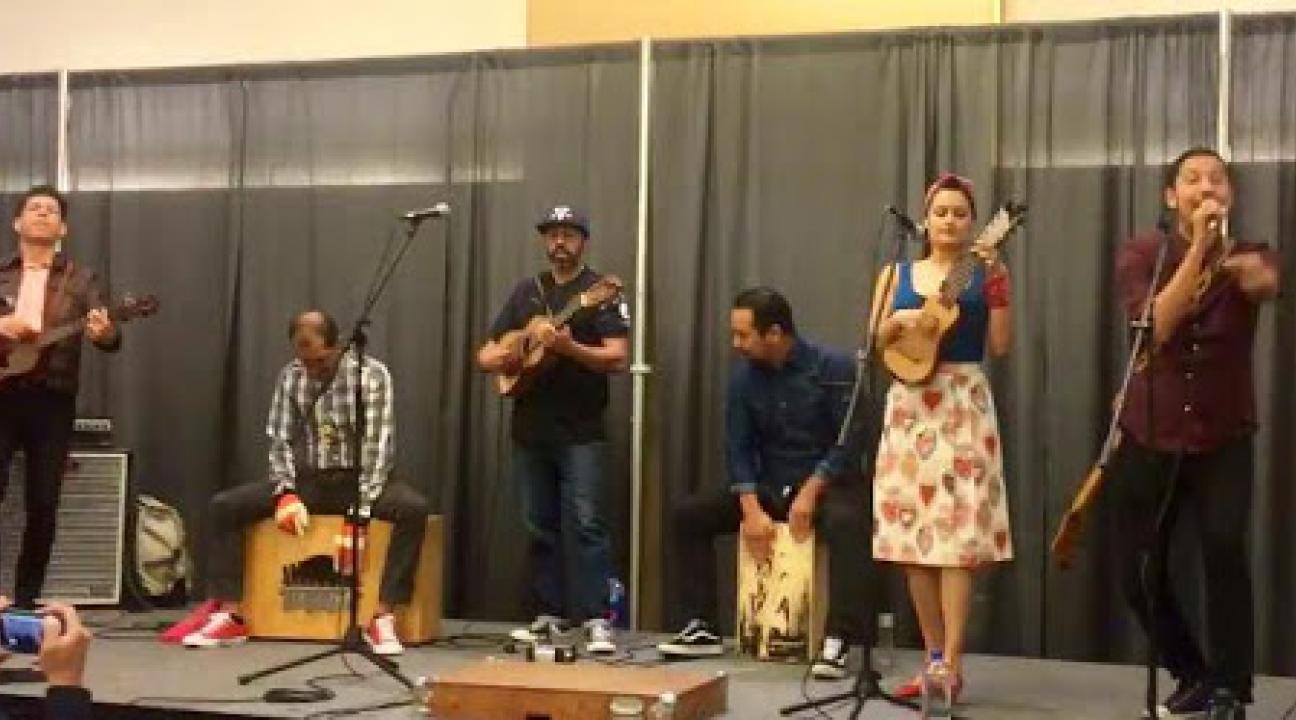 Las Cafeteras, on stage playing music