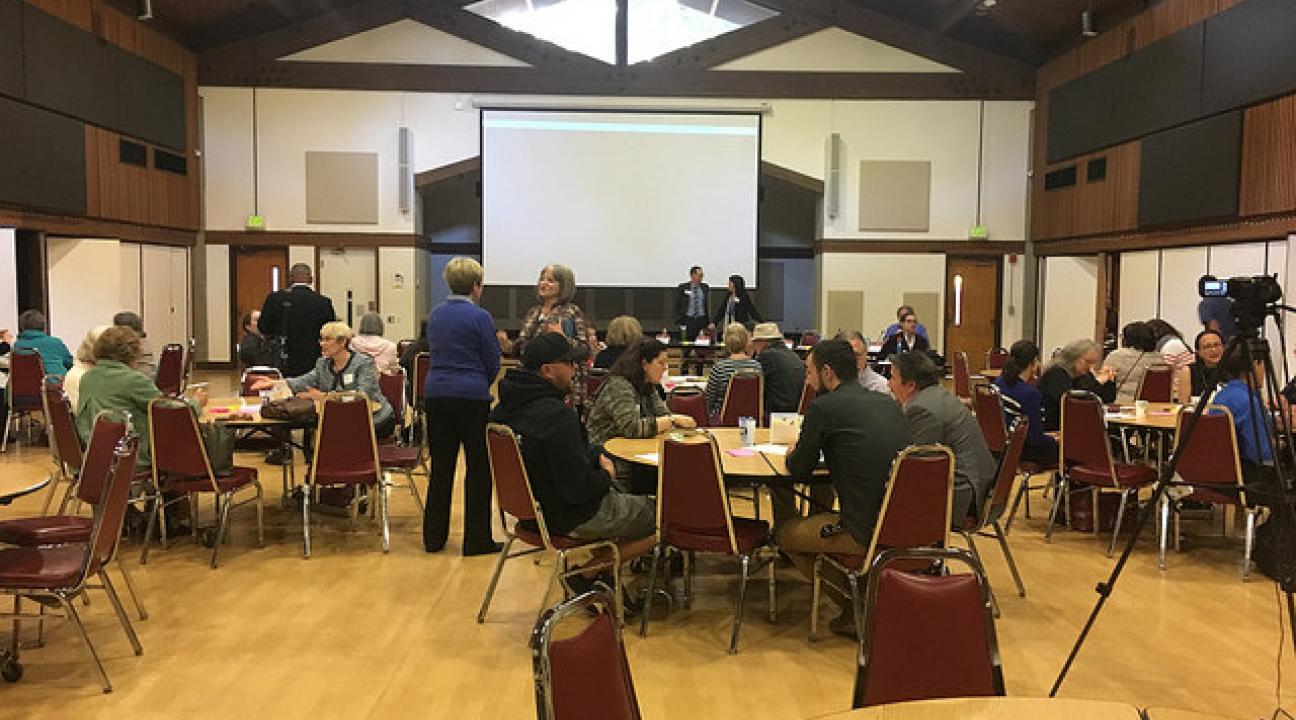 Mingling with residents before the Rohnert Park town hall