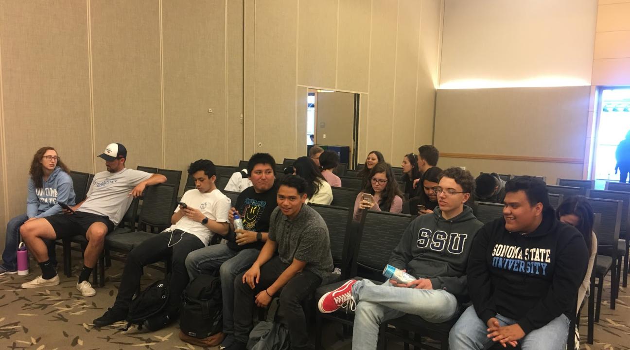The high school students are pictured relaxing with their SSU group leaders after a full day of being a college student! 