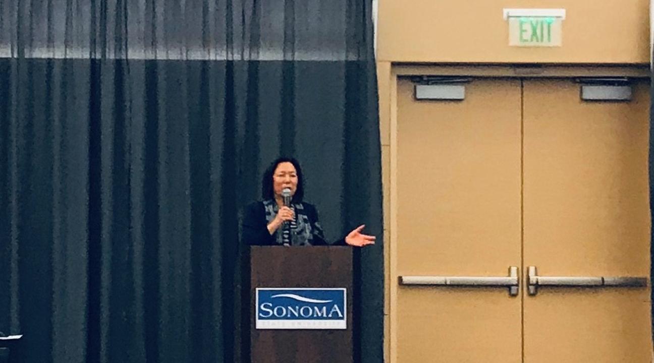 SSU President Judy Sakaki welcomed the high school students and talked about her experience being first a generation college student.