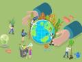 a graphic earth with large hands cupping it; people doing recycling and planting tasks to help