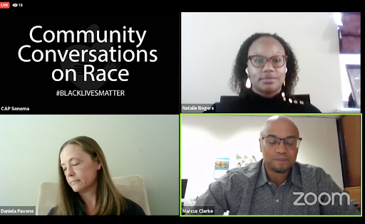 Community Conversations on Race and a picture of 3 people