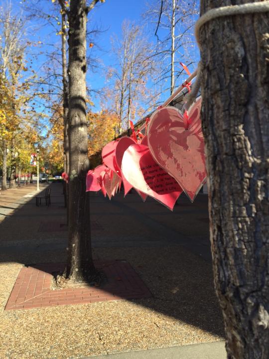 Red paper hearts handmade by SSU students.