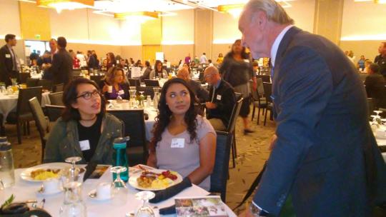 Lucia Martinez and Abigail Gonzalez from On The Move talking with Sonoma County Sheriff candidate John Mutz.