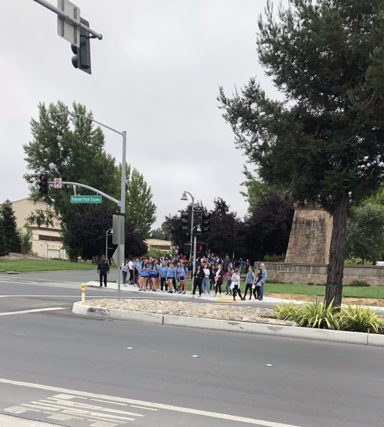 Students gathering at crosswalk outside SSU