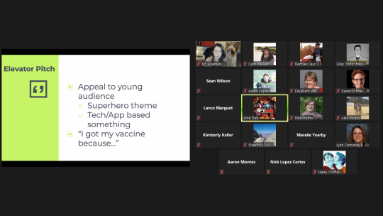 Zoom meeting screenshot: vaccine "elevator pitch"