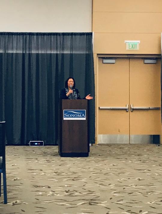 SSU President Judy Sakaki welcomed the high school students and talked about her experience being first a generation college student.