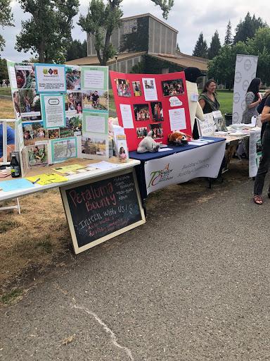 Posters on tables outside at the Fair