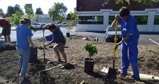 Students planting trees at Health Center