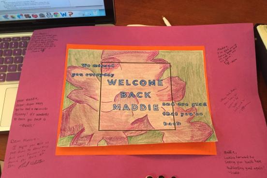 A welcome back card for a member of the CCE staff