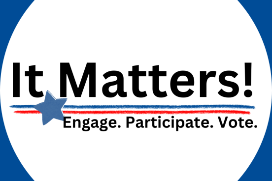 It Matters round sticker, blue background
