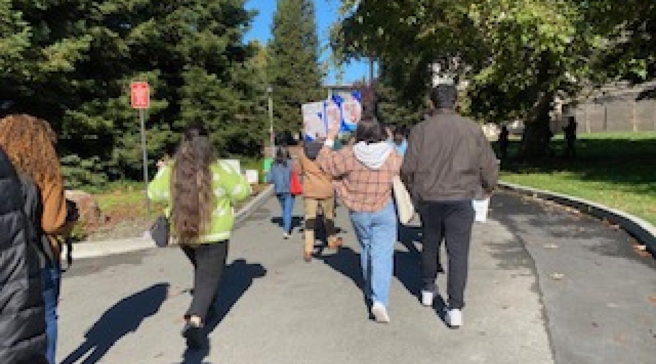 Students walking across campus