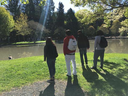 Students watching the ducks at Sonoma State's pond