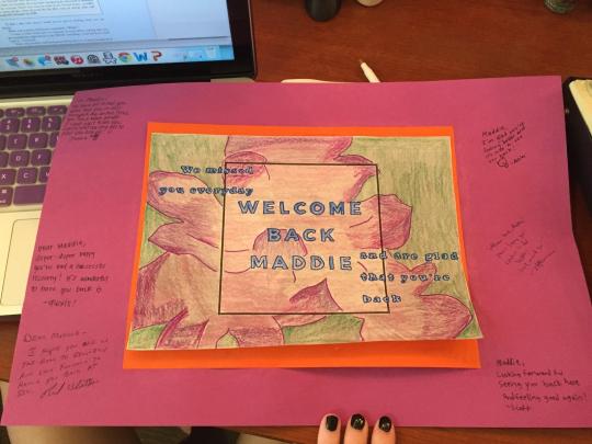 A welcome back card for a member of the CCE staff